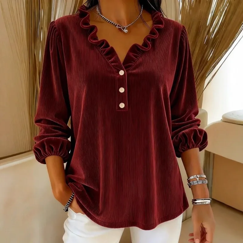 Women's Ruffled V Neck Corduroy Blouse Long Sleeve Button Front Casual Loose Fit Top for Daily Wear