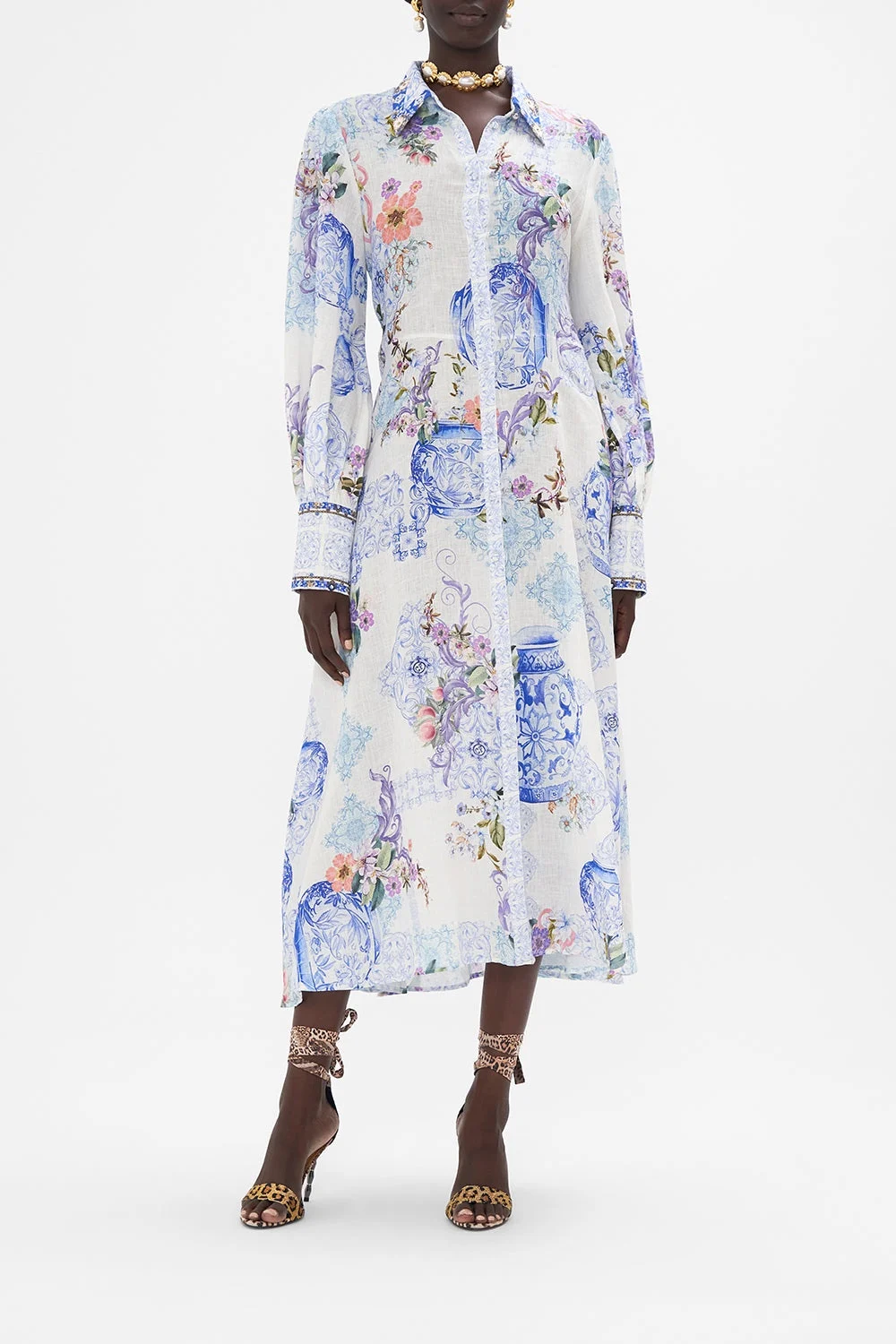 

Women Turn-down Collar 100% Silk Floral Printed Long Lantern Sleeve Holiday Midi Dress