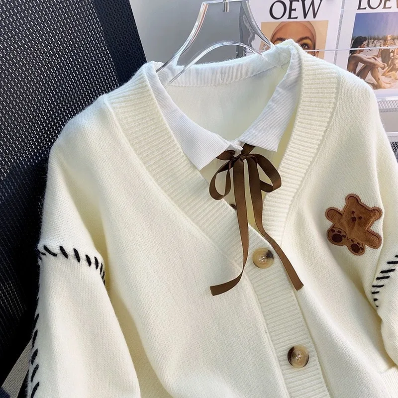 Little Bear Sweater Cardigan Women's Coat 2025 Autumn Winter New Style Drawstring Pocket Knitted Outerwear Top