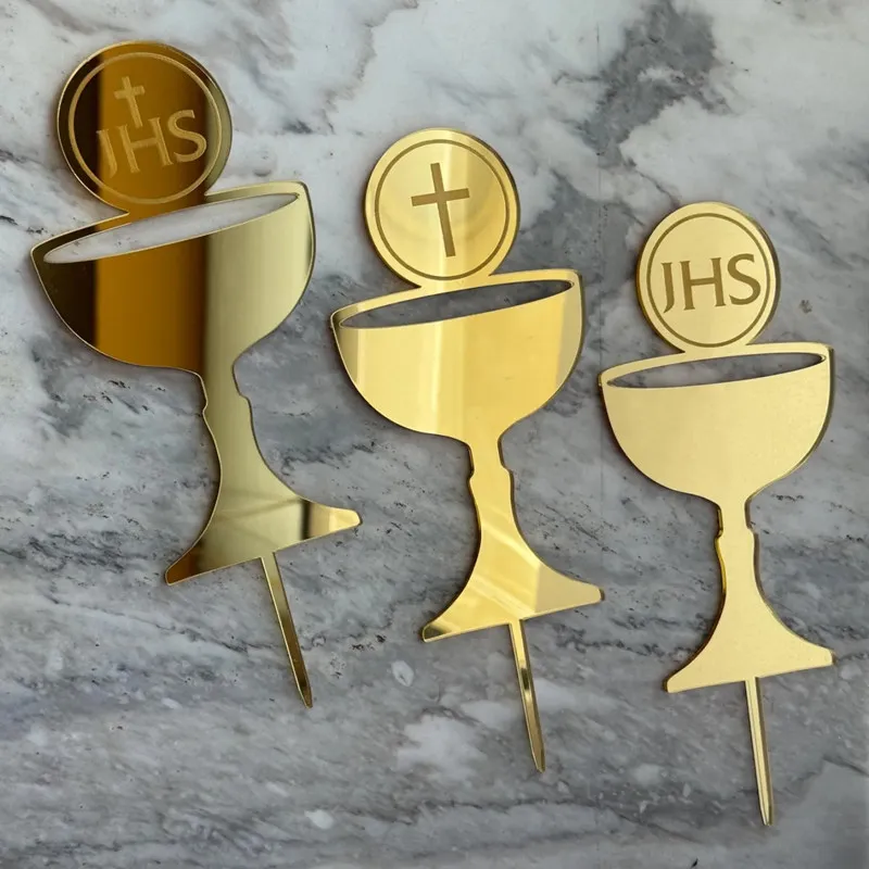 New Grail Jesus Birthday Cake Topper Decoration Gold Acrylic Dove Cross for Eucharist Baby Baptism Party Cake Topper Baking Flag