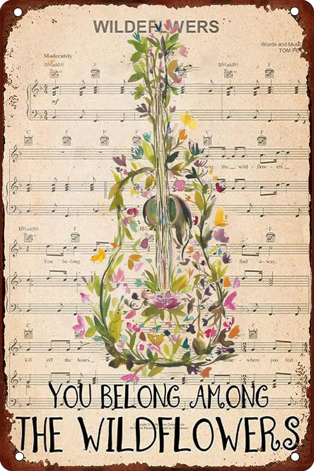 Tableau mural sur toile avec peinture de fleurs de guitare, affiches pour salon, décoration murale « You Belong Among Wildflowers », cadeaux pour affiche rétro, panneau B