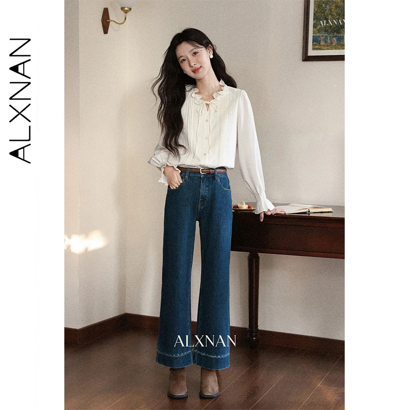 ALXNAN ヴィンテージブルージーンズストレートハイウエストワイドレッグコットンデニムジーンズ秋カジュアルオフィスレディだぶだぶパンツ女性 L57225