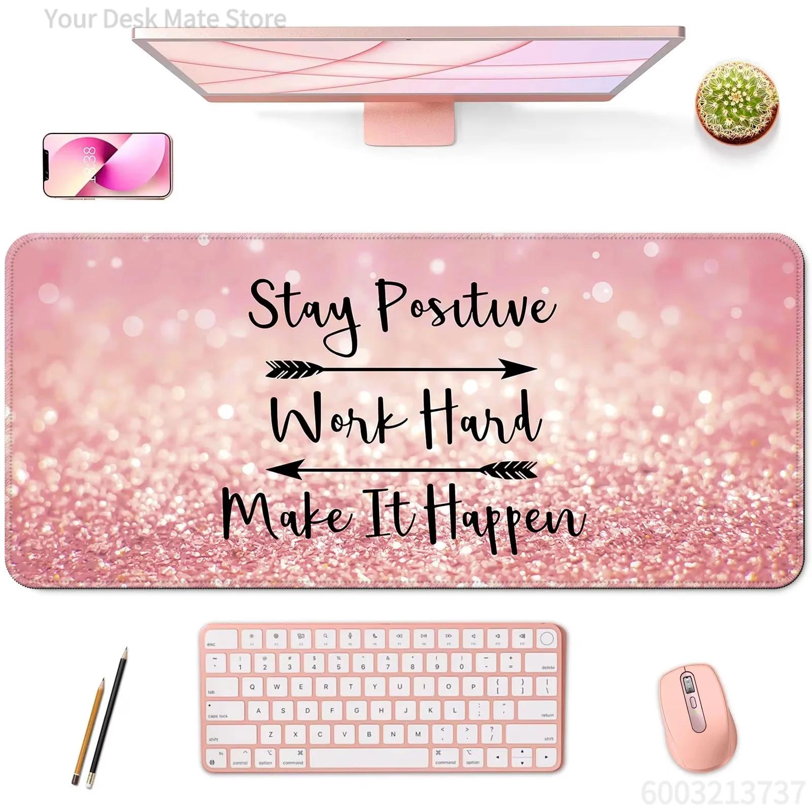 Pink Glitter Motivational Quote Mouse Pad Waterproof Non-Slip Stay Positive Work Hard Text Desktop Mat For Office