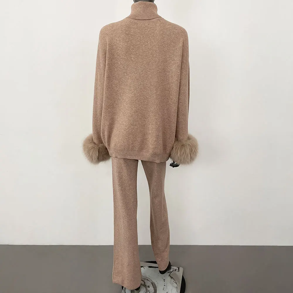 OFTBUY 2024 Neue Mode Herbst Winter Natürlicher Echter Fuchspelz-Manschetten-Mantel Gestrickter Pullover Damen Lange Hosen Set Jacke Dick Warm – Detail 3