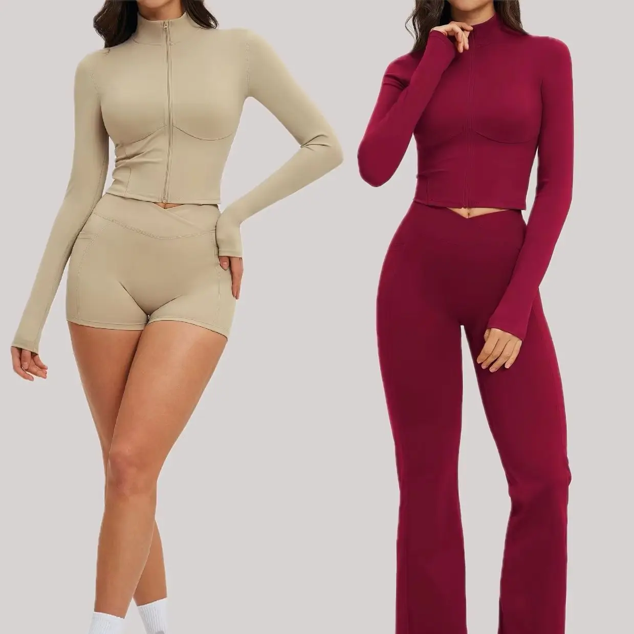2 Piece Sports Set Women Yoga Set Zipper Fashion Casual Long Sleeve Top Sports Leggings Gym Set Femme Fitness Running Sports Set
