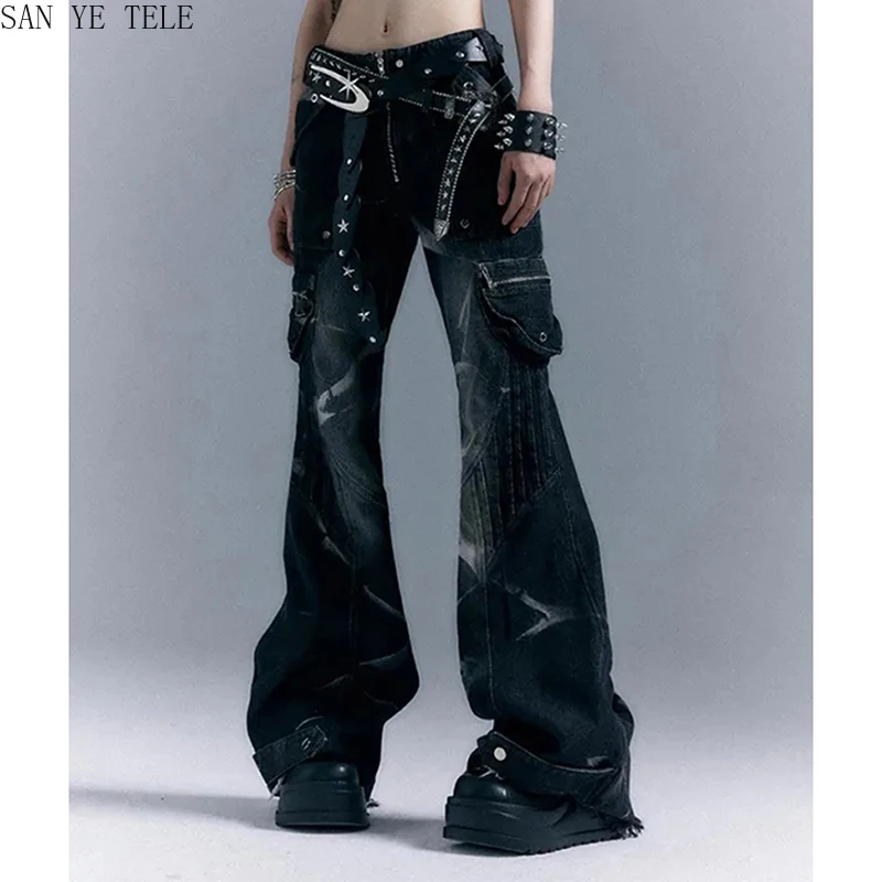 القوطية غسلها Y2k فضفاض مضيئة الجينز المرأة منخفضة الارتفاع برشام خمر الدنيم بنطلون Harajuku اليابانية البضائع الجينز السراويل الملابس