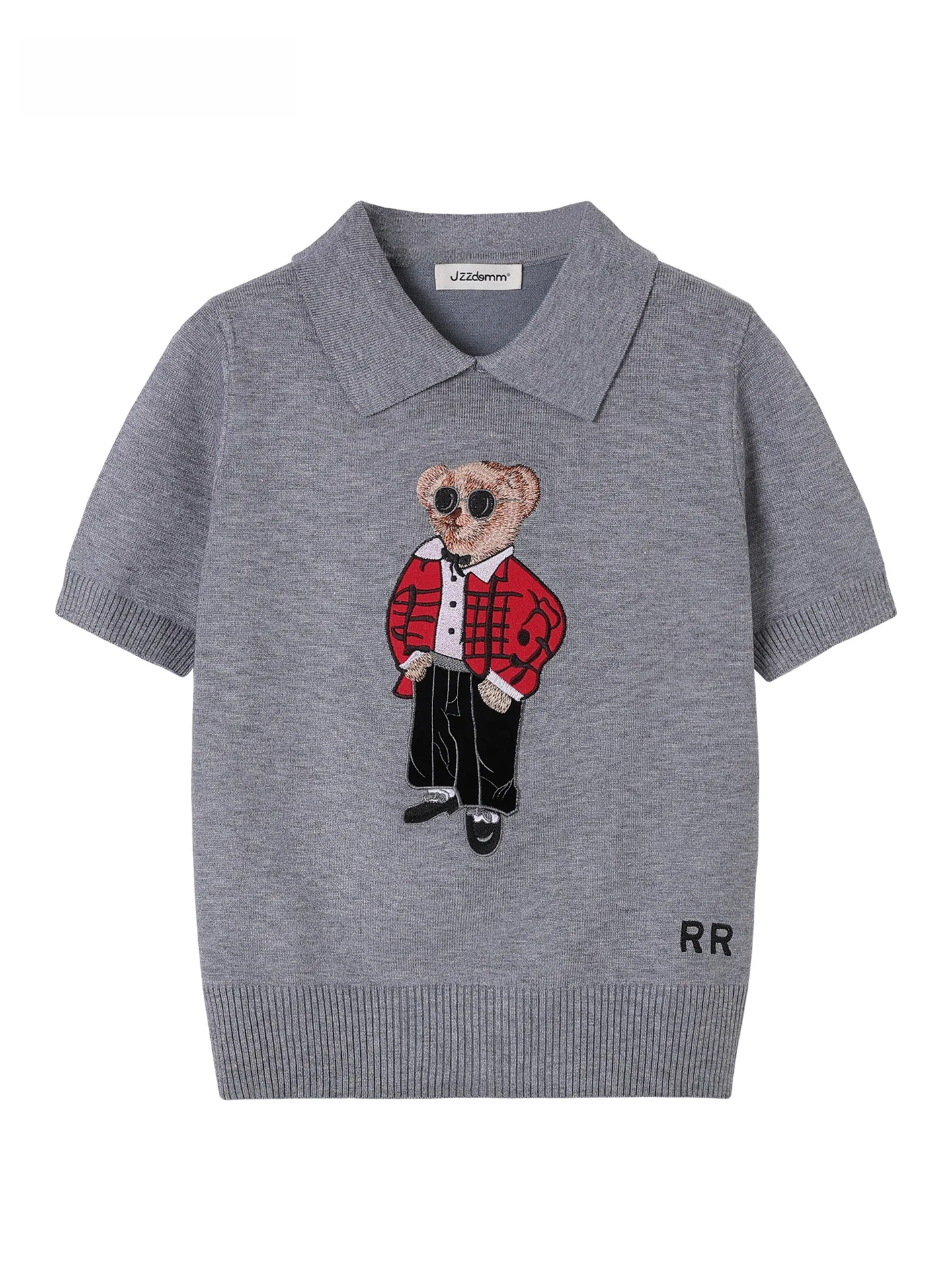 JZZDEMM Cartoon Bear Embroidered Knitted Short Sleeve Turn-down Collar Versatile Fashionable Anti-aging Women's Top