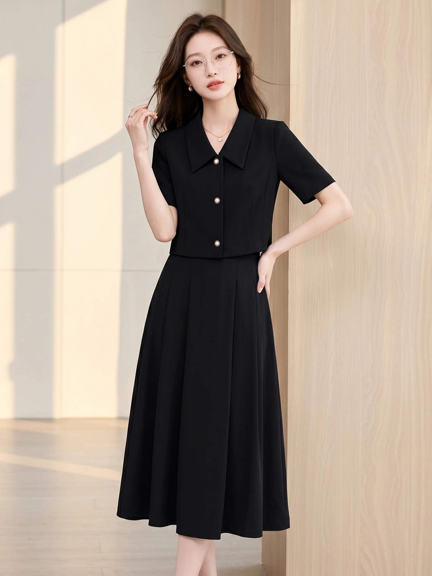 Short Suit Jacket Women's Fashionable Casual Set Skirt Button Design Polyester Fiber Anti-Wrinkle Straight Hem Summer New