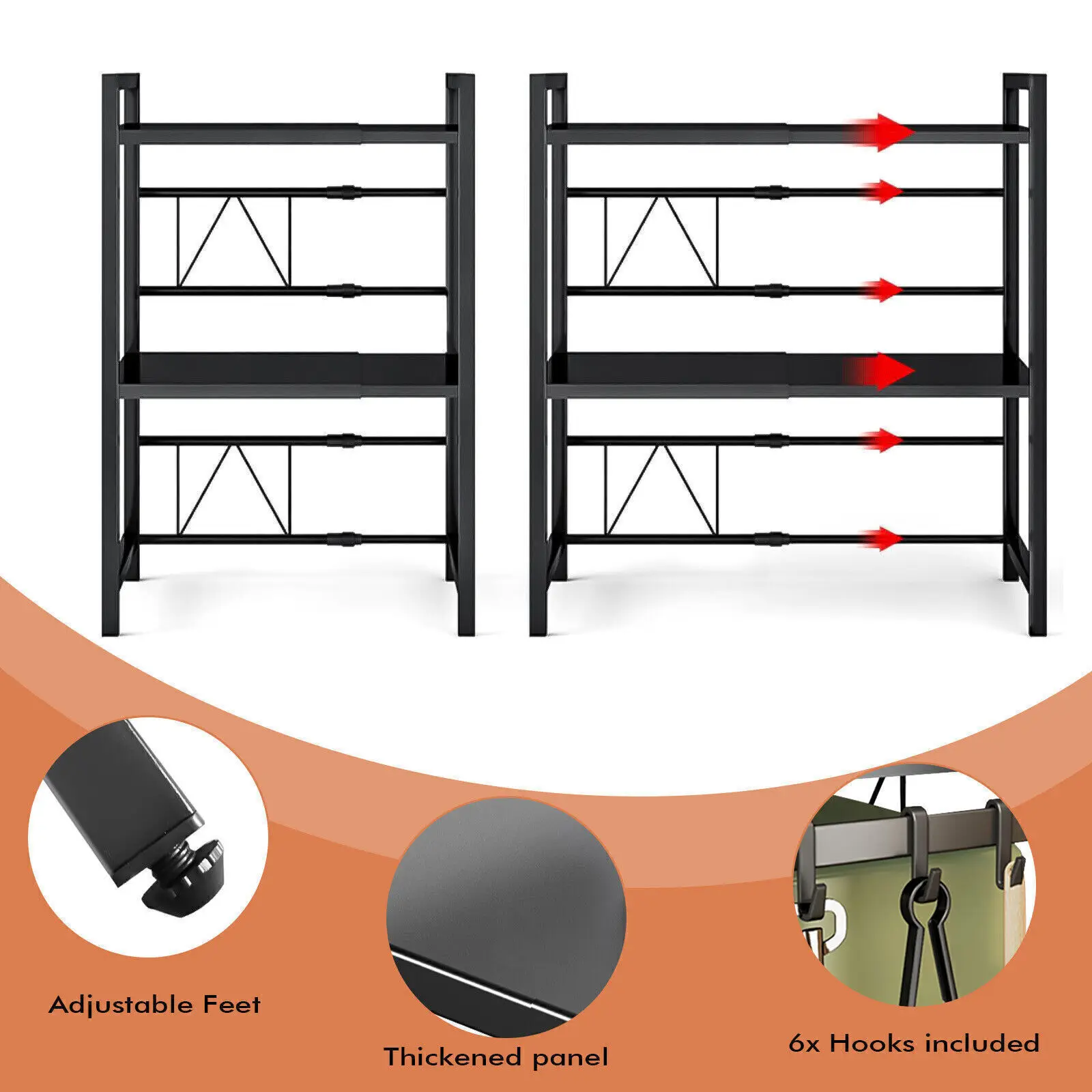 3 Tier Extendable 40-64 Cm Microwave Oven Rack Shelf With Hooks Kitchen Storage