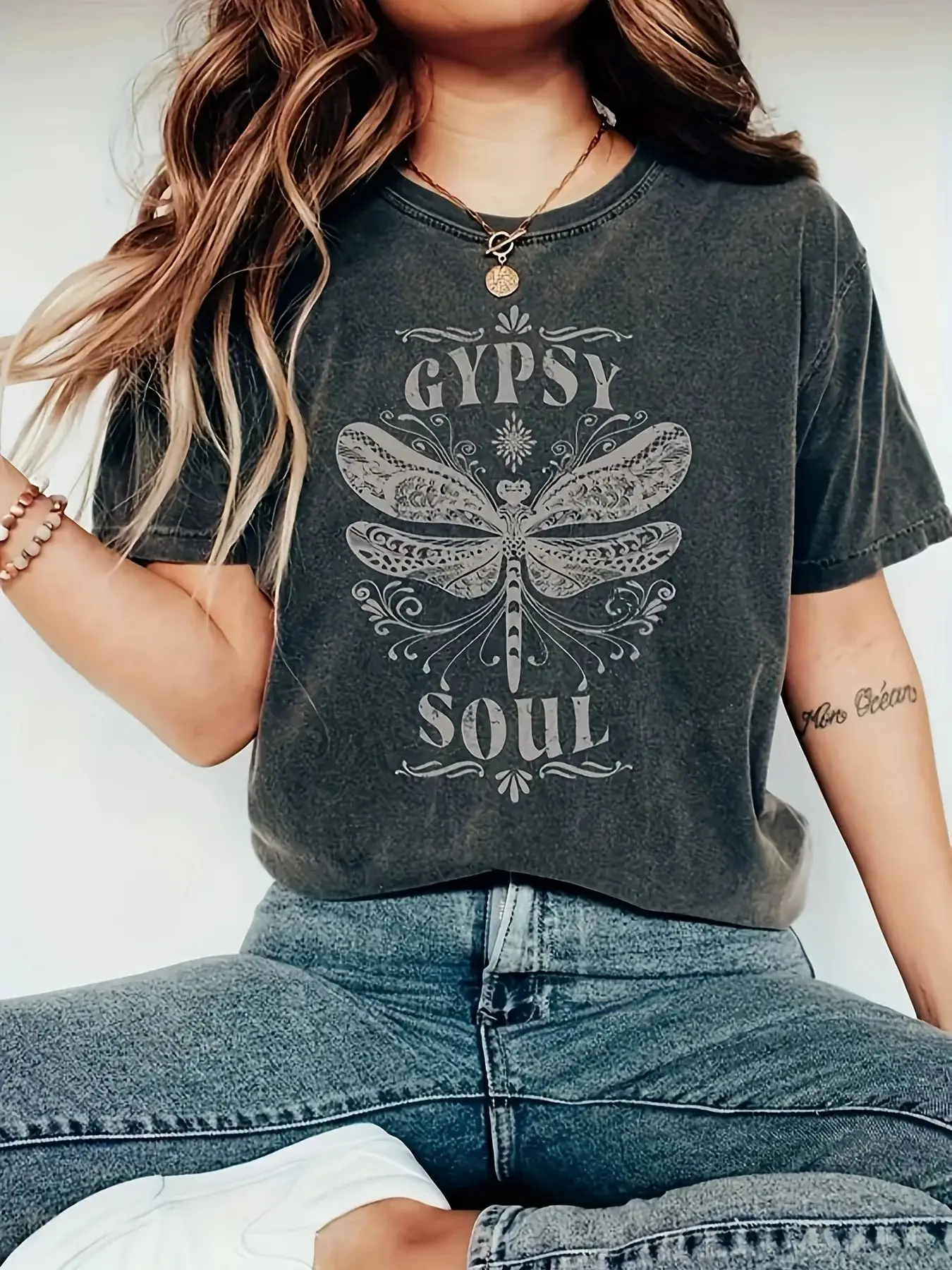 Y2k Hip Pop Vintage Print TShirt Gypsy Soul Dragonfly Women's Men's Tee Boho Graphic Dark Grey Casual Loose Streetwear Unisex