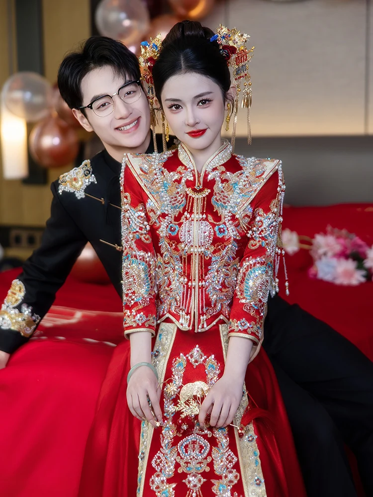 

Silk Satin Wedding Dr Chinese Sle Dragon And Phoenix Coat for Brides 2025 New Winter Collection Premium Quali