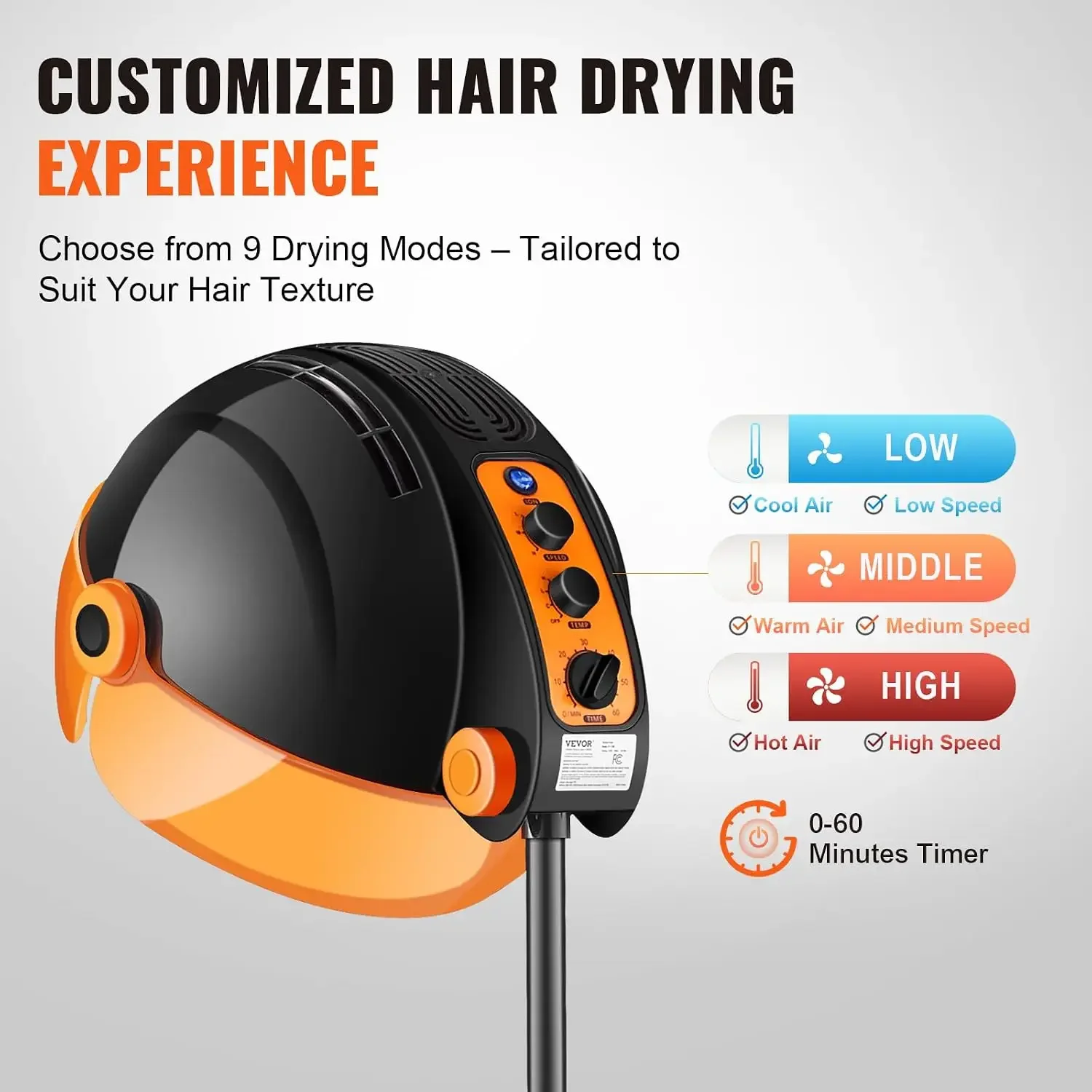 Ionic Hooded Hair Dryer with Variable Speed & Temperature Adjustment, 1875W, Sit Under Hair Dryer with Timer for Beauty Salon Ho