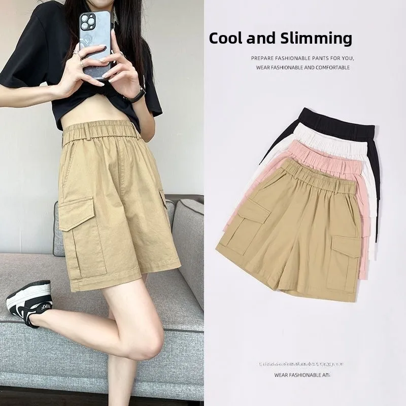 Ice Silk Quick Dry Workwear Shorts Women Summer Thin High Waist Slimming Casual Loose Wide Leg Five-Quarter Mid-Pants