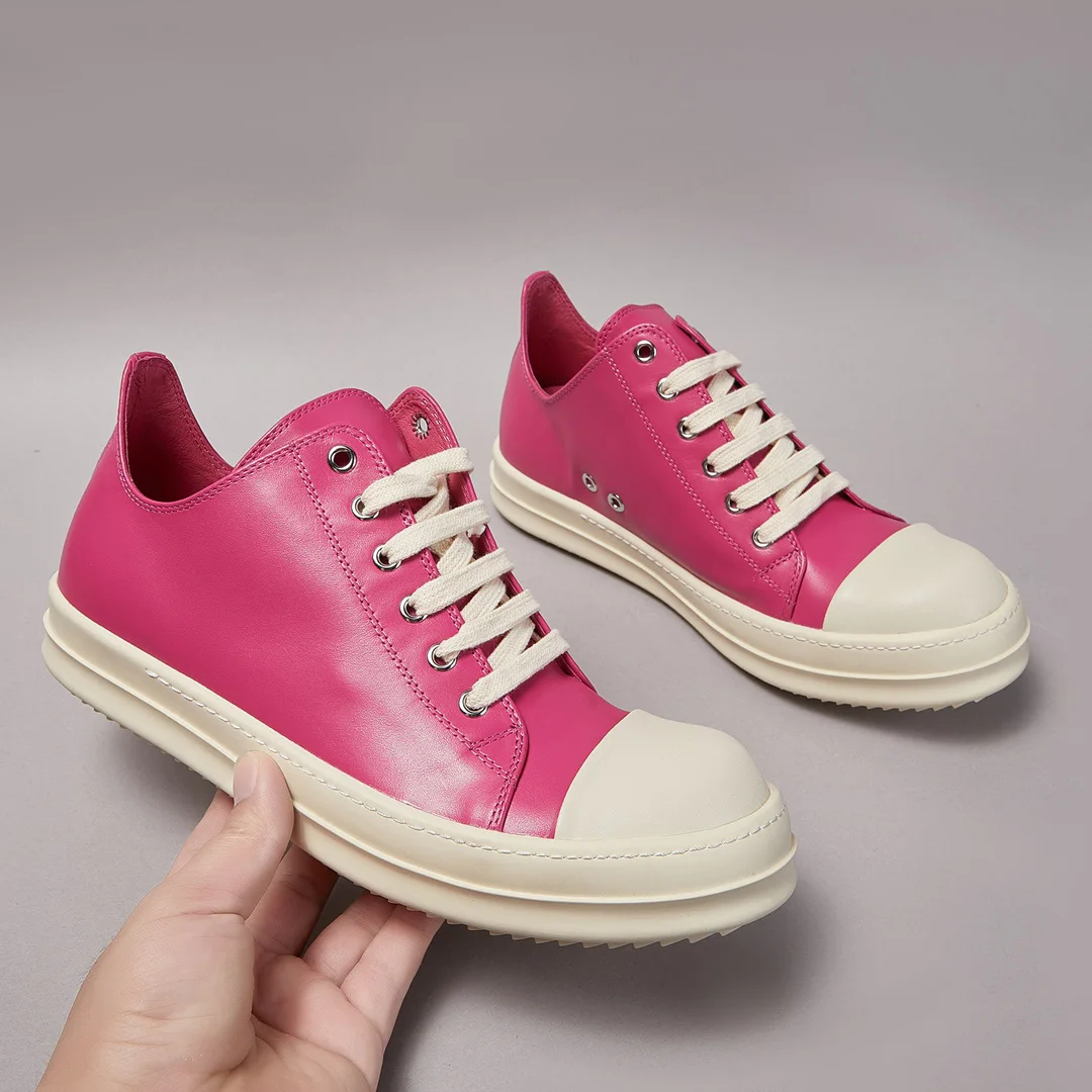 Ricks Luxury High Quality Designer Owens Casual Shoe Men Low Top Bright Pink Genuine Leather Lace-up Owens Women Leather Sneaker