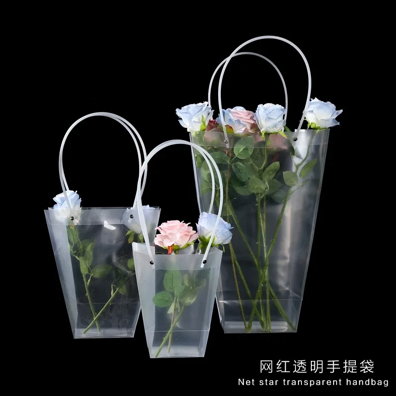 Waterproof Transparent Handbag Trapezoid Square Gift Bouquet of Flowers Artwork Storage Thick Handle Plastic Packaging Bags