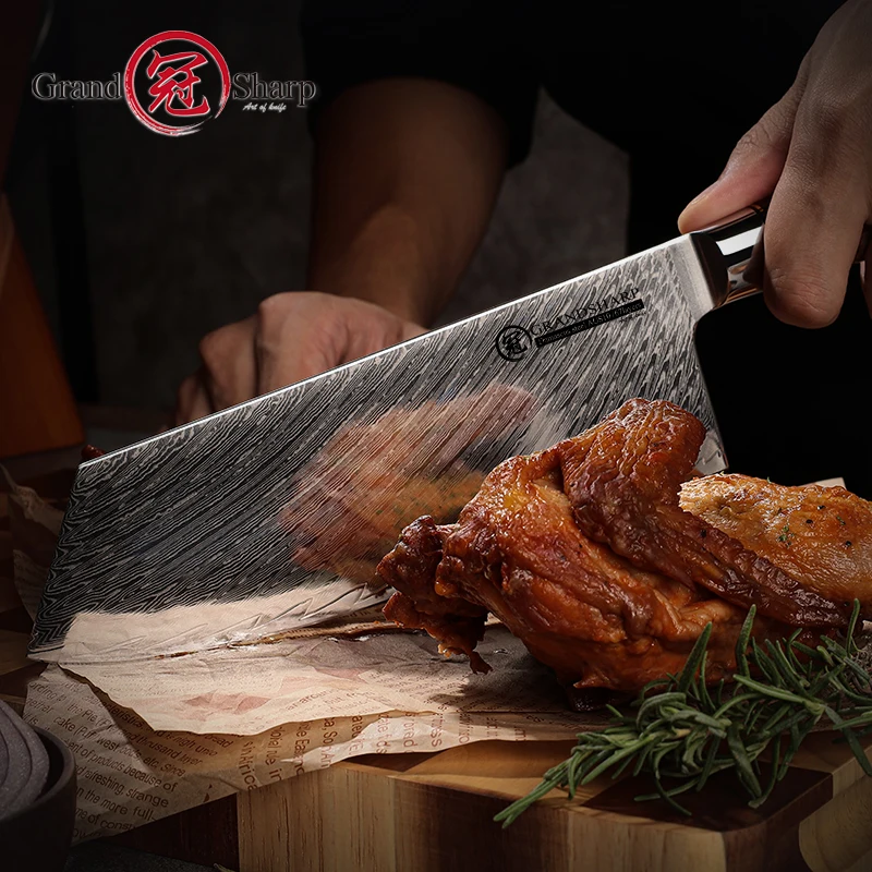 Grandsharp 7.5 Inch  Damascus Cleaver Knife AUS-10 Japanese Stainless Steel Vegetables Chopper Fish Meat Slicing Cooking Knives