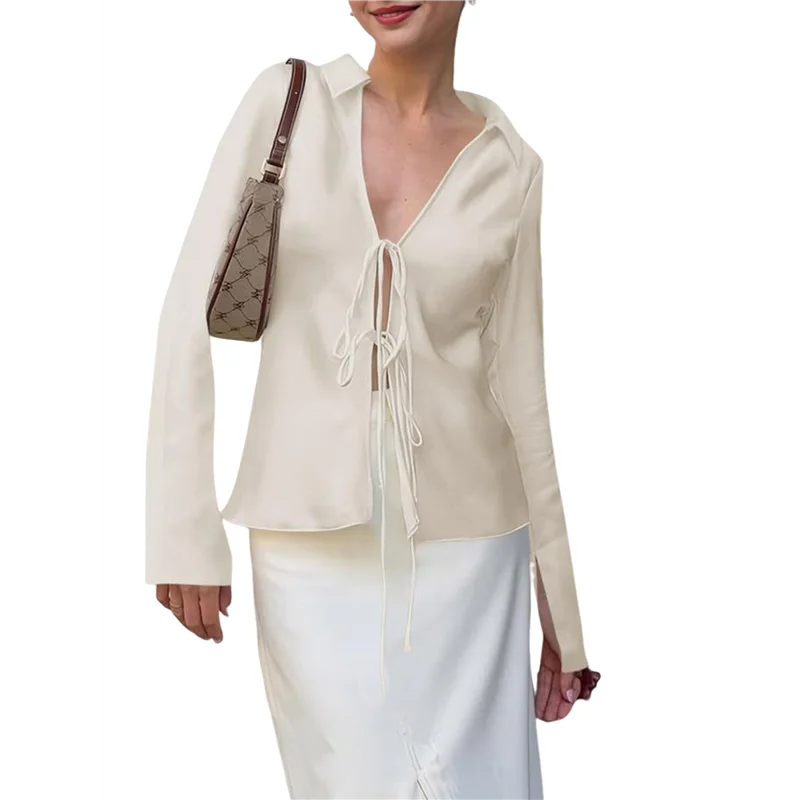 ABP-レディースセクシー-タイフロントサテンシャツディープVネックシルククラブトップス長袖Y2k外出ブラウス