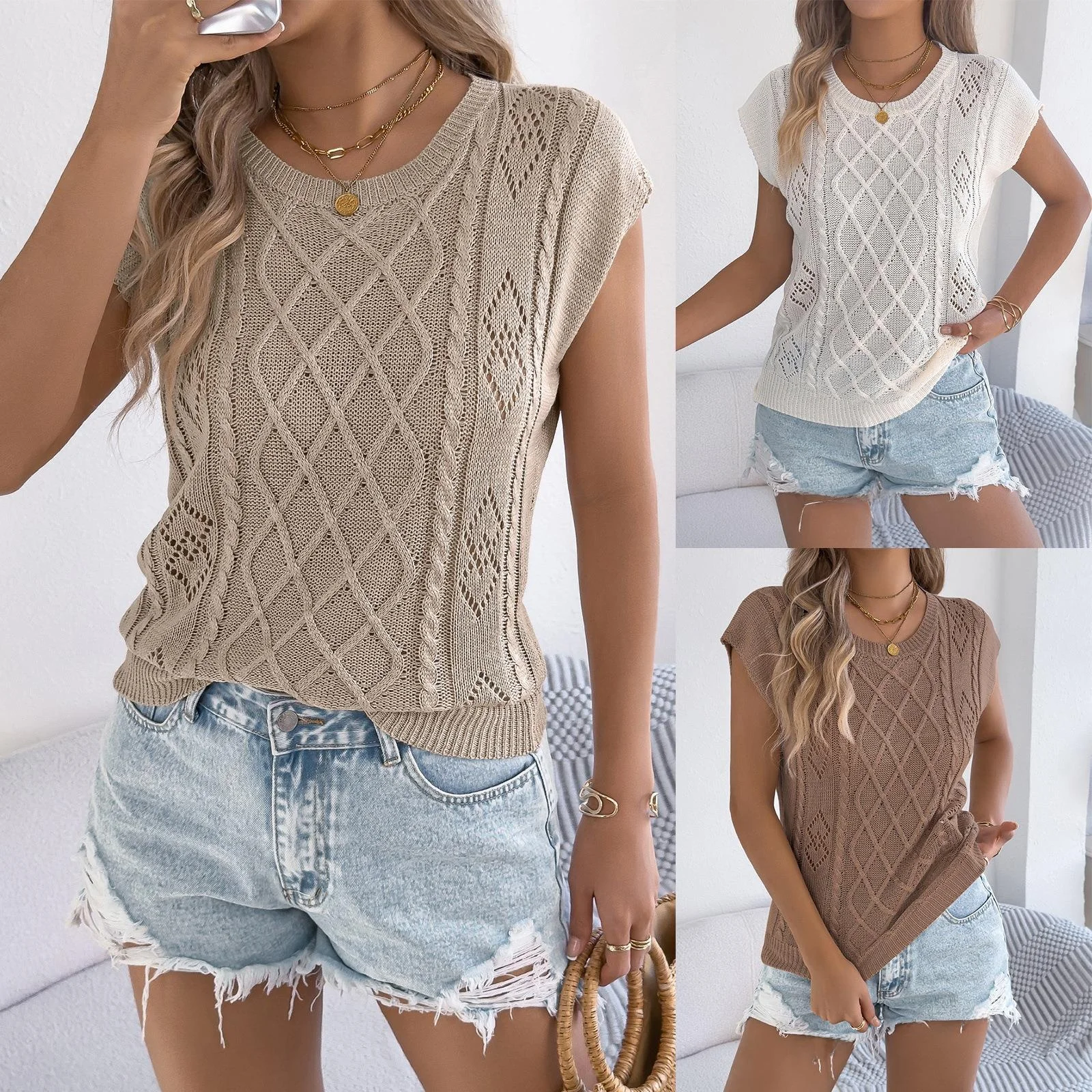 

Loose Casual Knitted Top Hollow out Batwing Sve Spring Summer Faion Women's Independent Station Cross-Border Clothing