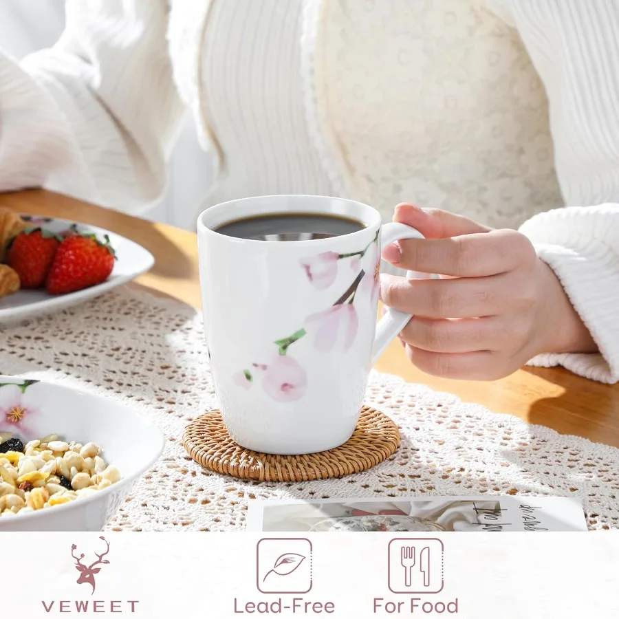 مجموعة من 6 أكواب قهوة سعة 11 أونصة مع مقبض مجموعة أكواب سيراميك بتصميم زهور للاستخدام في المطبخ مثالية للميكروويف الروتيني الصباحي اليومي #4