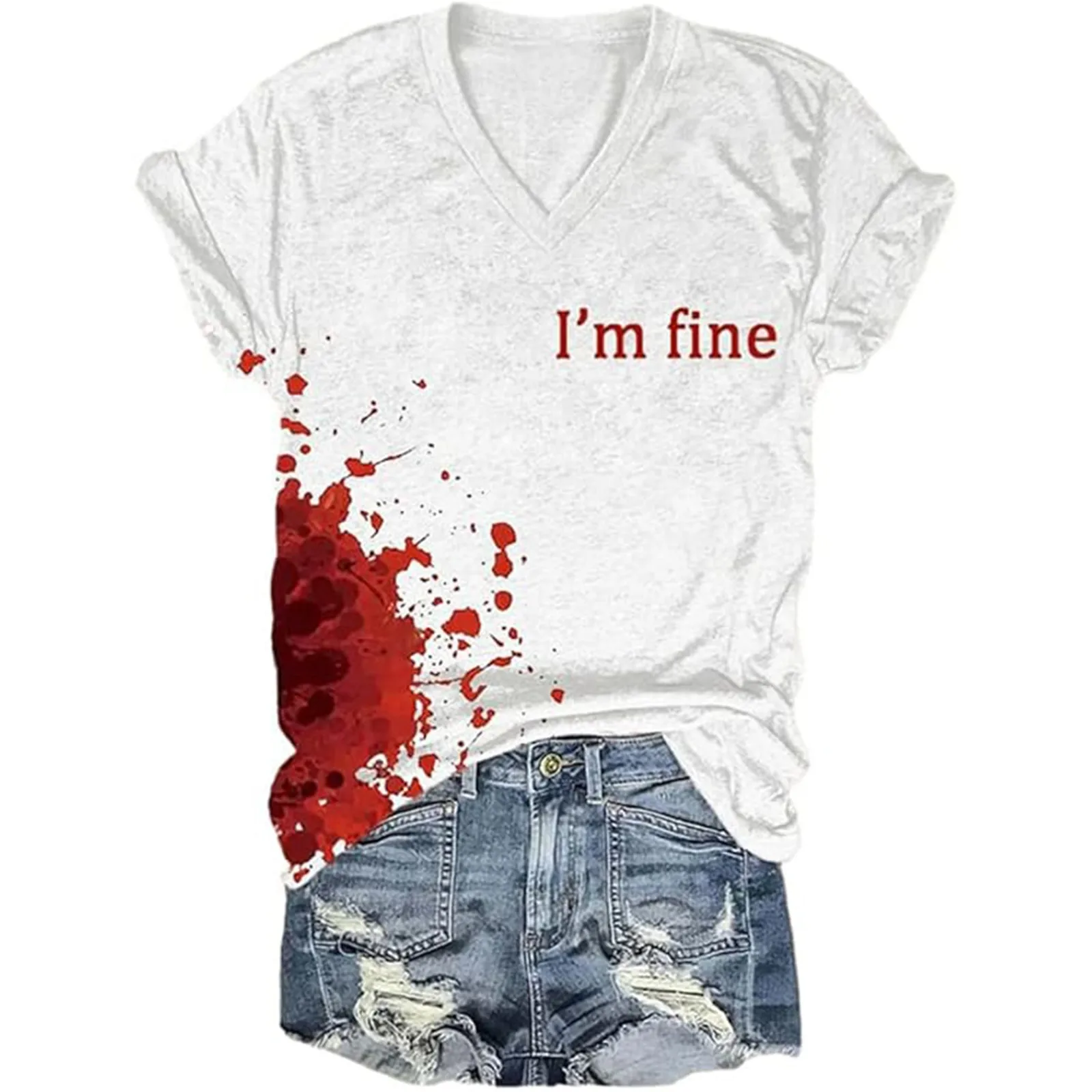 Camiseta de manga corta con cuello en V para hombre y mujer, camisa de manga corta con estampado "I'm Fine Bloody" para fiesta de Halloween