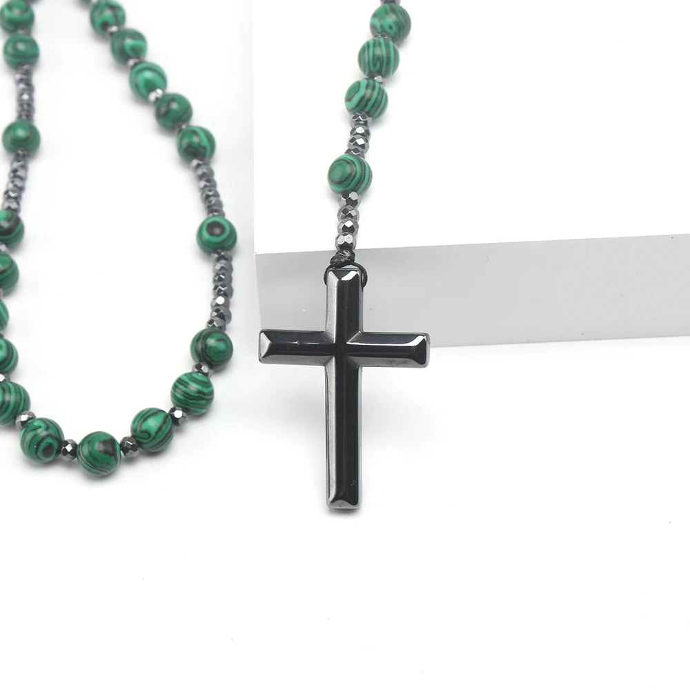 8mm Green Round Beads Cross Pendant Necklace for Men and Women N047