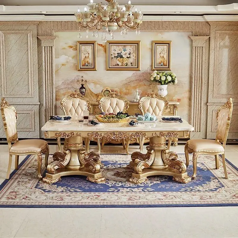 Marble rectangular court golden villa high-end dining room home solid wood carved large dining table