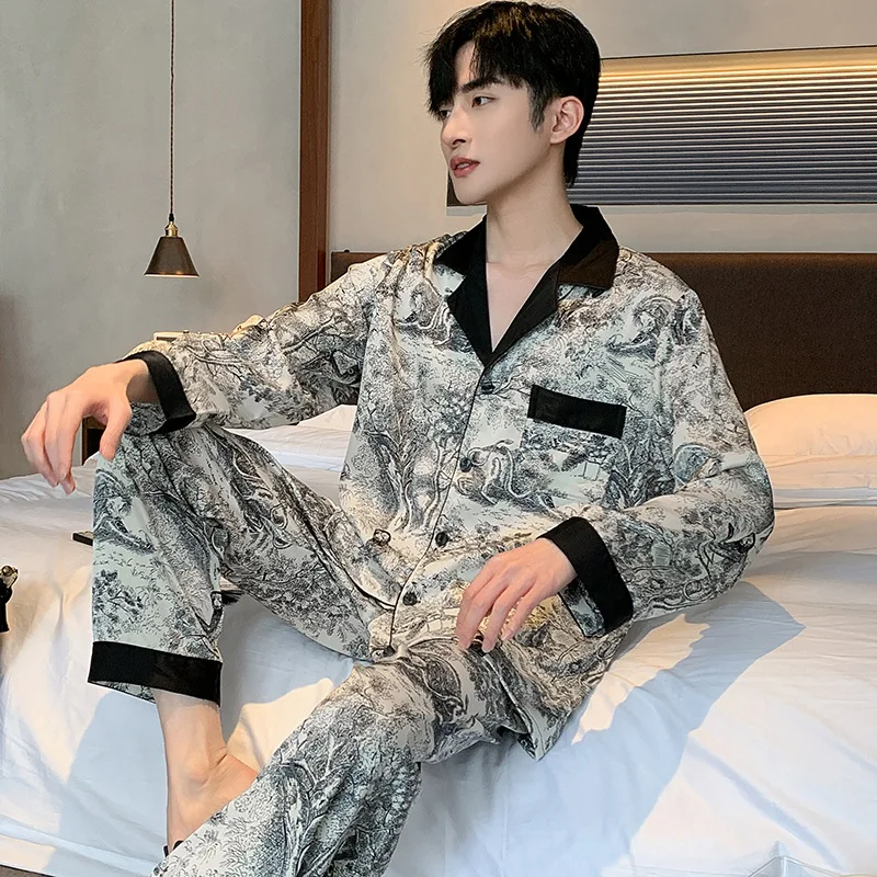 Ink Wash Painting Men Pajamas Suit Ice Silk Thin Summer Short-sleeved Satin National Style Loungewear Loose Sleepwear Male Gift