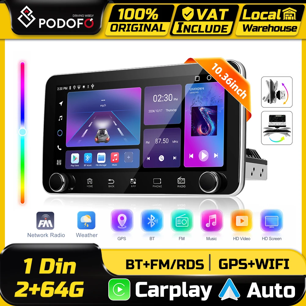 Podofo 10,36-Zoll Auto-Radio-Multimedia-Player Kabelloses CarPlay Android Auto 2+64G Intelligentes Auto-System FM RDS Stereo EQ Mirror Link