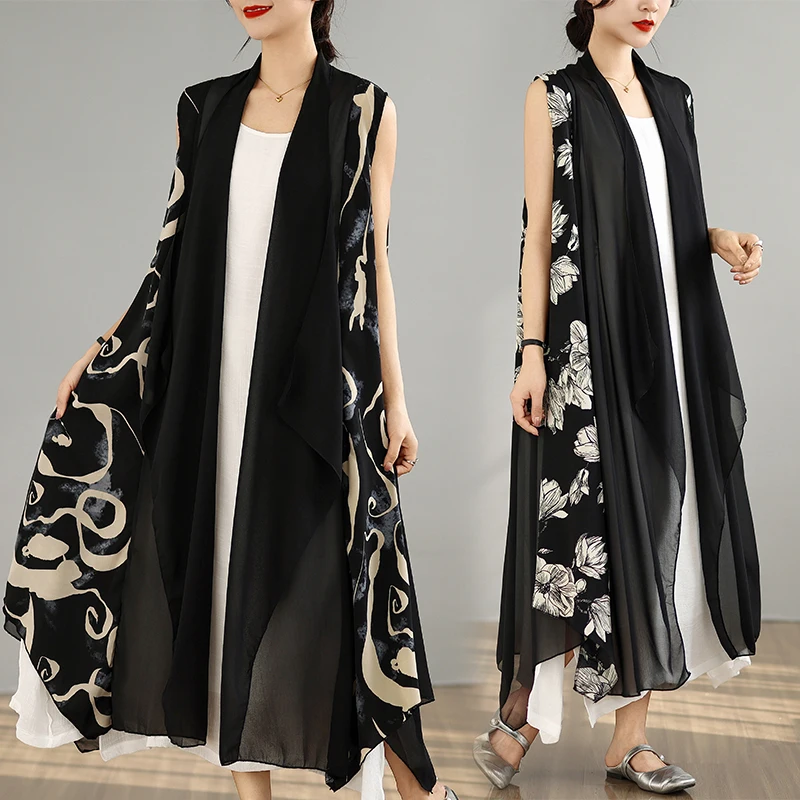 Retro Printed Long Vest Outerwear Women's Spring Summer Scarf Collar Sleeveless Open Cardigan Elegant Top Trendy Fashion