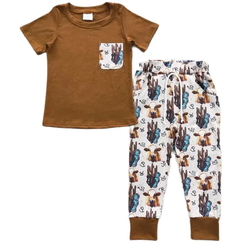 Boys Cactus Bull Head Brown Pocket Short Sleeve Pant Set