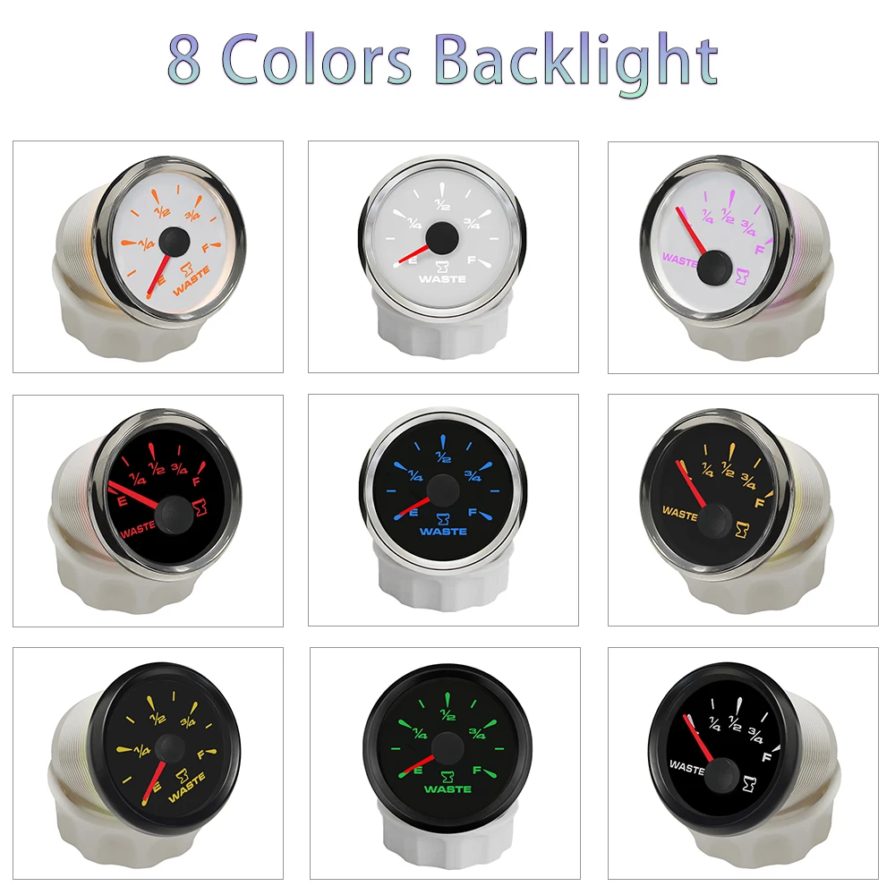 52mm Holding Tank Level Gauge Meter Signal 0-190ohm 240-33ohm with 8 Colors Backlight for RV Yacht Luxury car 9-32V