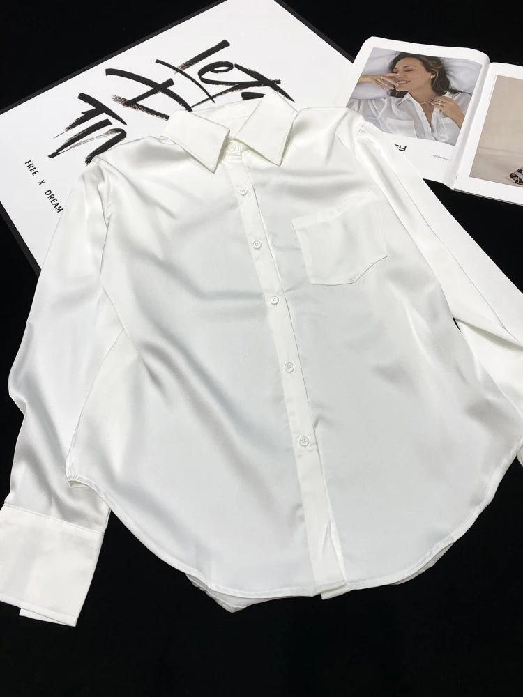 [YOZOU] Luxury Chic Clean Fit Satin Silk Solid Loose Oversized Elegant Blouses White Silver Black Shirt Women Korean Style Top