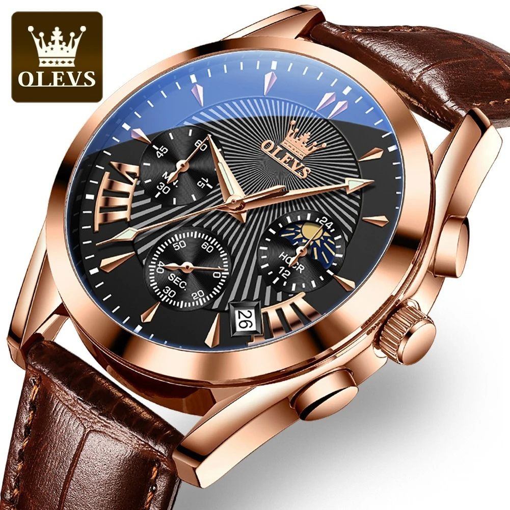 

OLEVS 2876 Sport Quartz Watch Gift Genuine Leather Watchband Round-dial Moon Phase Chronograph Calendar Luminous Small second