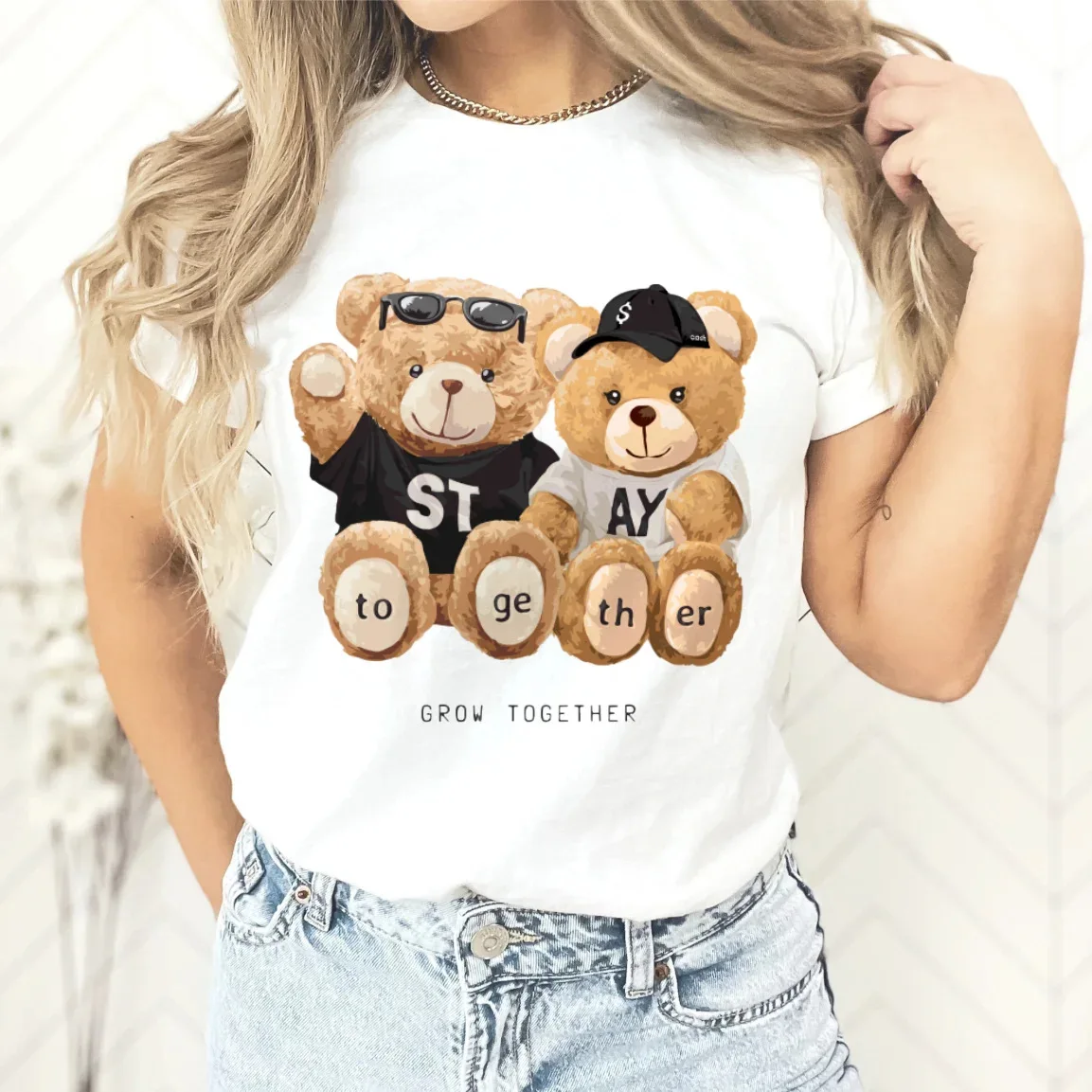 

New Couple Teddy Bear Print T-shirt Europe and The United States Fashion Crew-neck Top Woman Tops Oversized T Shirt Harajuku