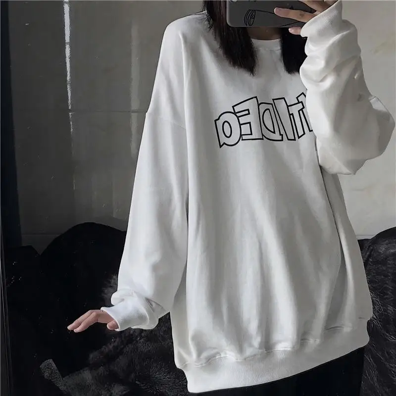 Lazy Style Print Letter Loose Hoodies Sweatshirts Spring Autumn Thin Solid Street Casual Pullovers Vintage Trend Women Clothing