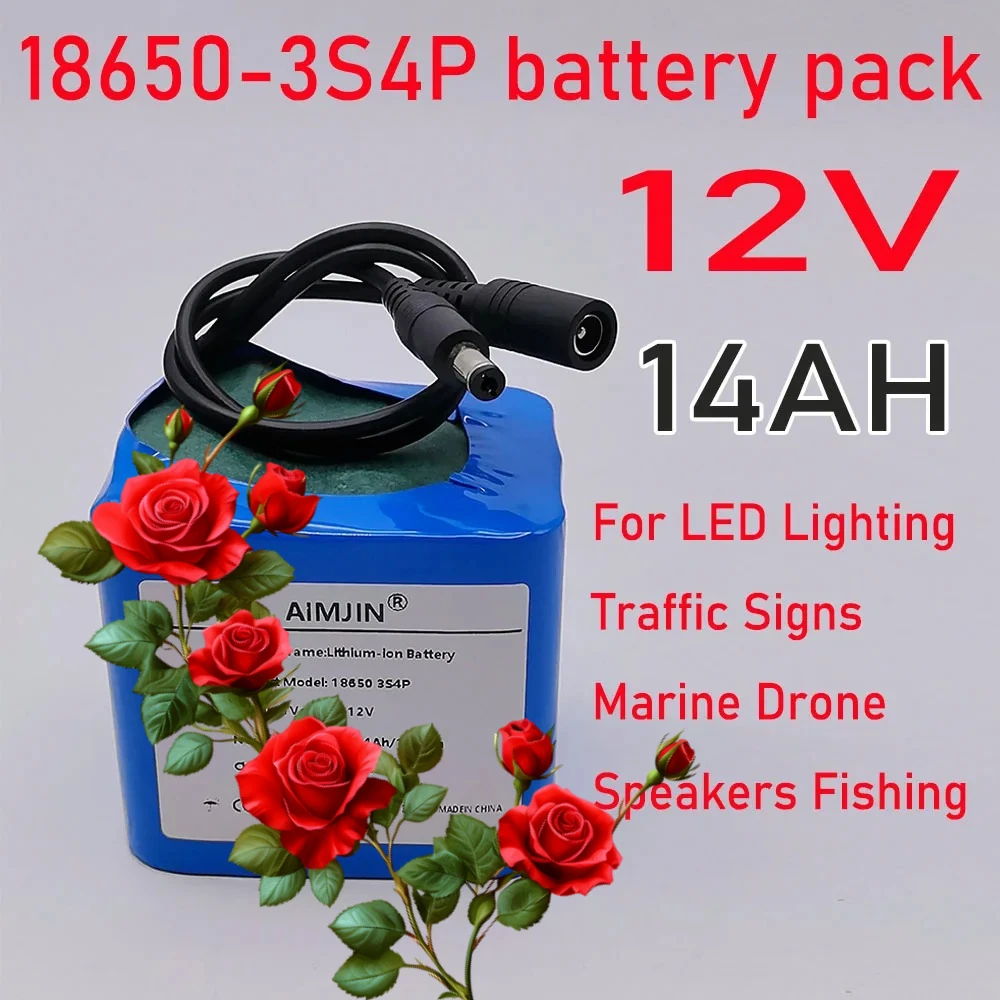 

12v 3S4P 14Ah Fishing Battery Portable 12V Rechargeable Lithium Ion Battery Pack Capacity DC 12.6v Cam Monitor+Charger