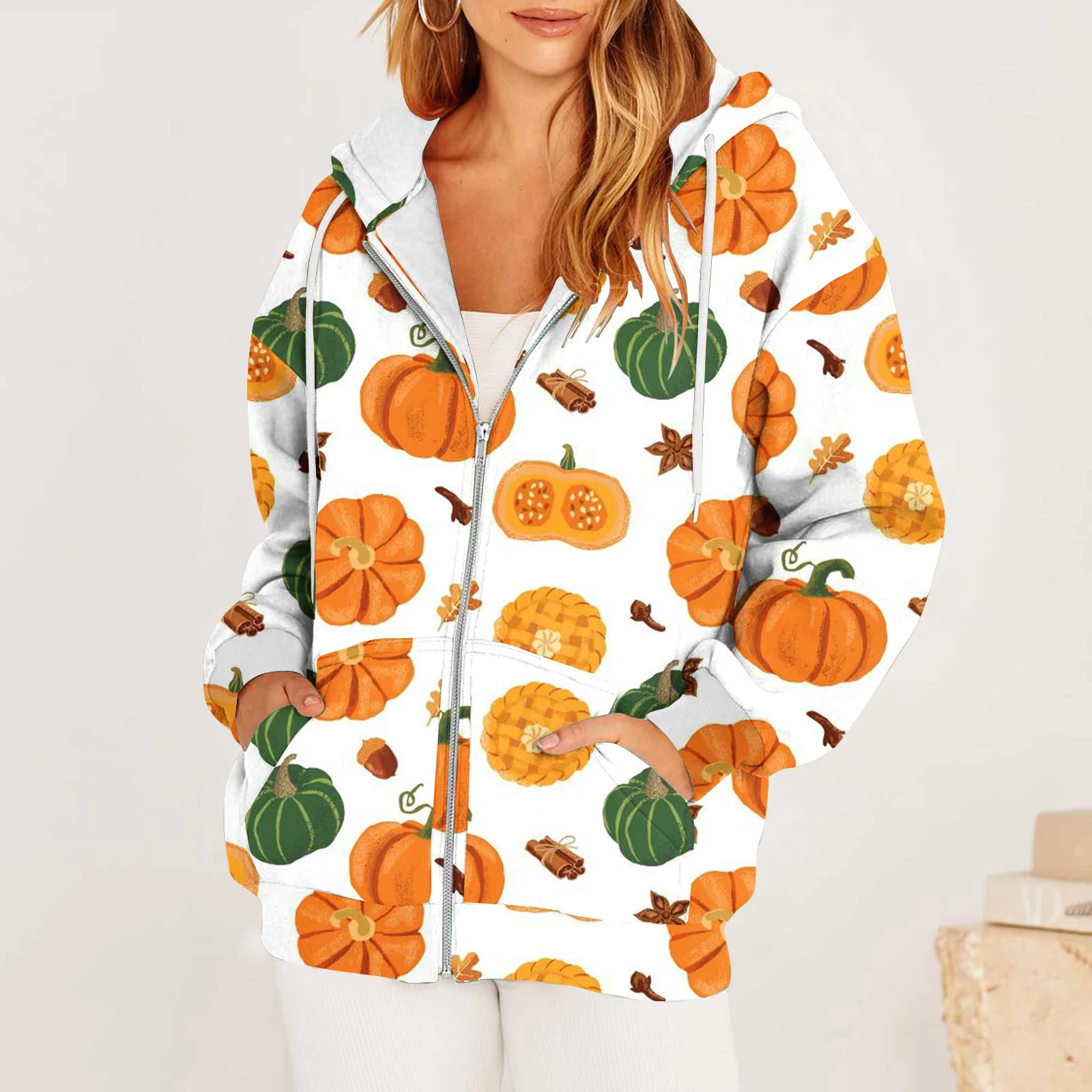 Stylish New Halloween Pumpkin Print 3D Printed Hoodie Casual Plus Size Fall/Winter Zipper Hoodie For Ladies