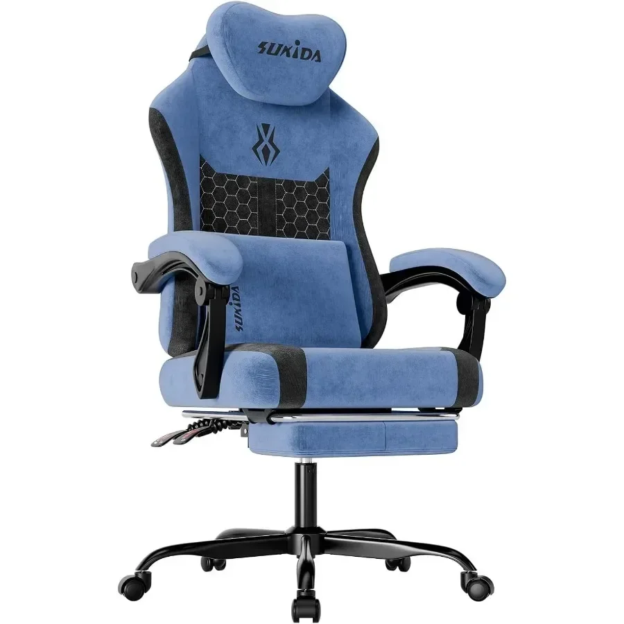 Video gaming chair for long hours sitting, fabric upholstery, black and blue color, ergonomic high-back design with adjustable