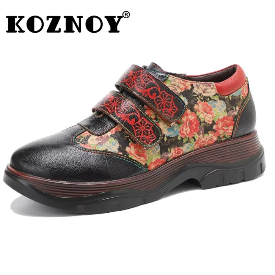 

Koznoy Leather Women's Walking Shoes 3cm Sheepskin Autumn Hook Flats Walking Loafer Ladies Print Cloth Plus Size Fashion Ethnic