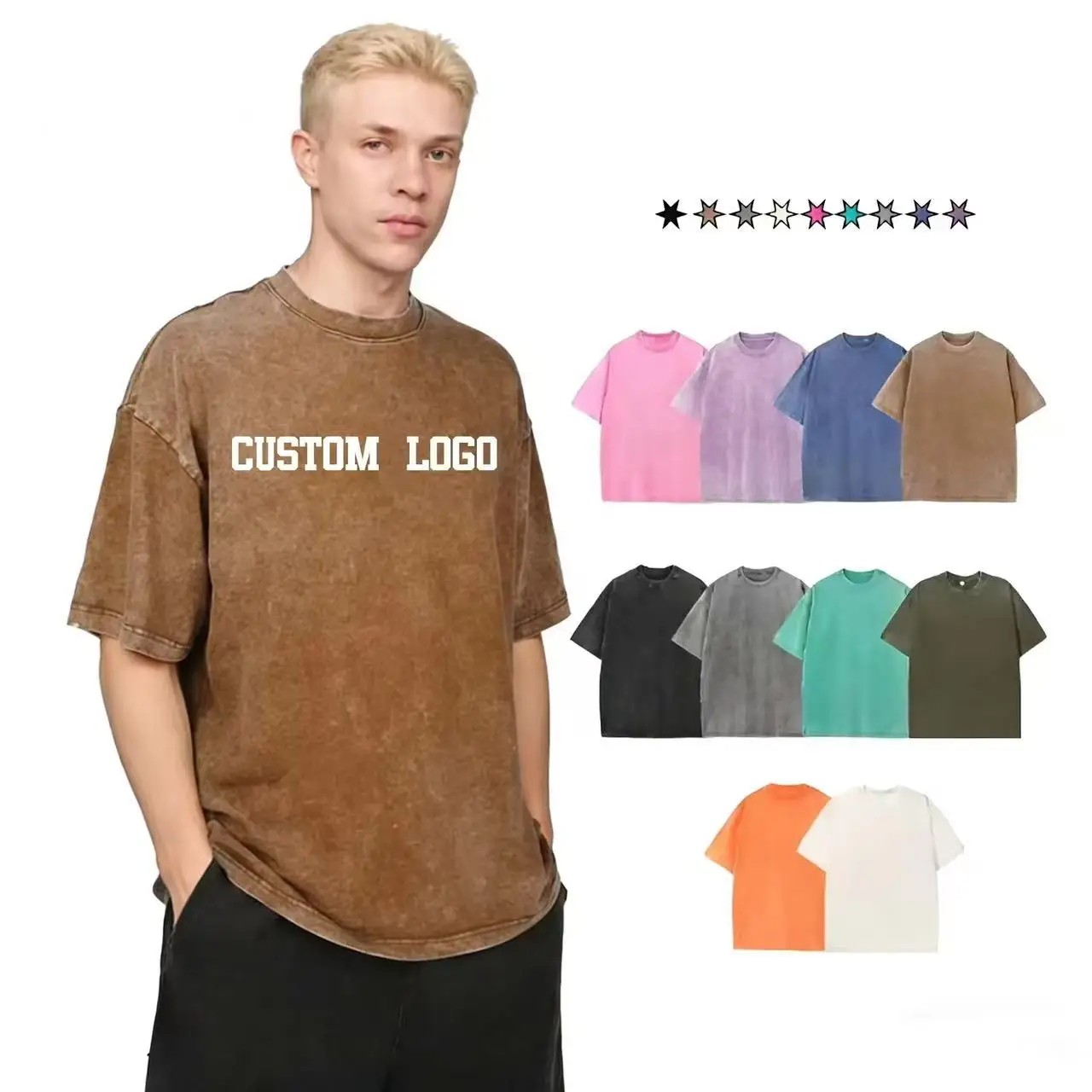 Extra-Large 230g Pure Cotton 100% Cotton Retro Washed Faded Men's Round-Neck Short-Sleeved T-Shirt High-Quality Custom Logo