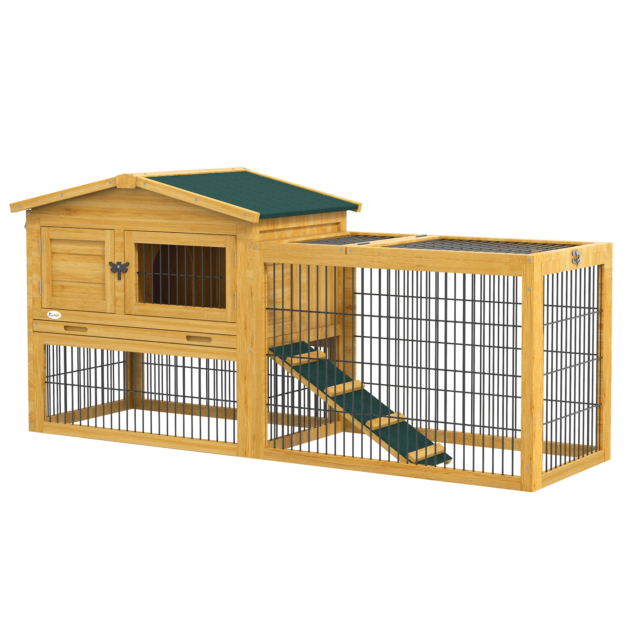 

2 Levels Outdoor Rabbit Hutch with Openable Top Wooden Large Rabbit Cage with Run Weatherproof Roof, Removable Tray, Ramp