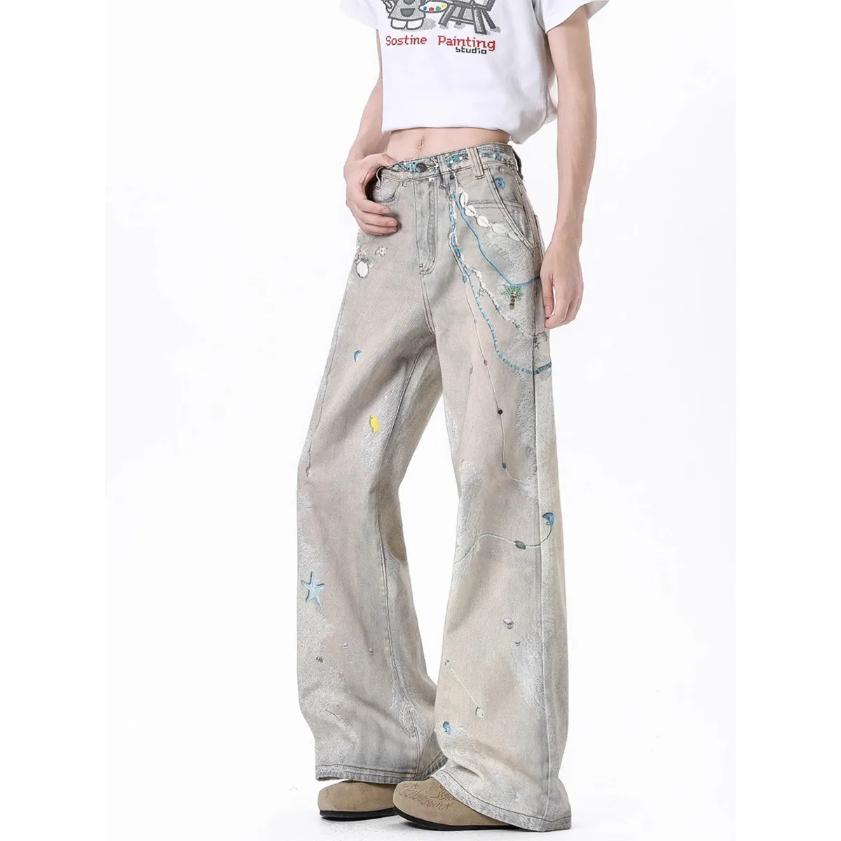 

Women's Old Yellow Mud Blue Print Tie-Dye Jeans Summer American Hip-Hop Casual Street Loose Wide-Leg Jeans High Waist Trousers