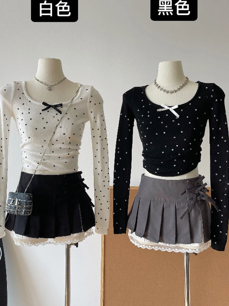 Autumn Women Korean Vintage Gyaru Long Sleeve T-Shirts O-neck Polka Dot Crop Tops Coquette Sweet Tees 2000s Aesthetic Mori Girl