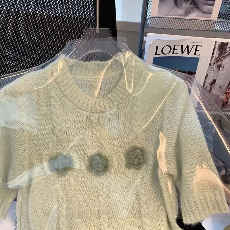 

Blouse Knitwear Women's Summer Floral Knit Short-sleeved Thin Soft Sweet Round Neck Cropped Comfortable Casual Niche Versatile