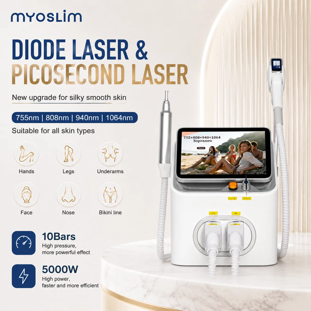 Professional 2 IN 1 4 Wavelength Diode Laser Hair Removal Machine Picosecond Laser Tattoo Removal 5000W 10 Bars Beauty Equipment