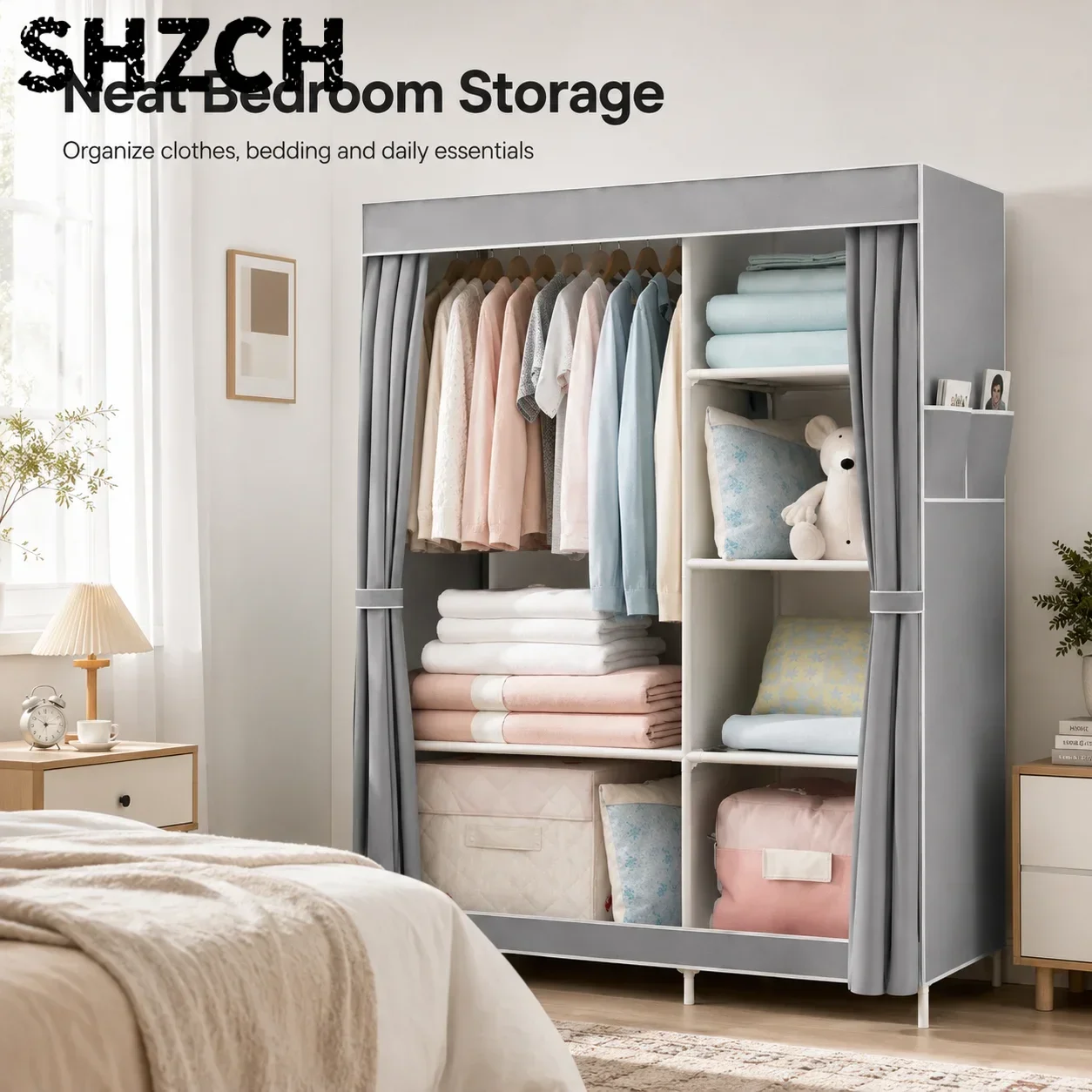 Canvas Wardrobe, Grey 165x105x45cm, Sturdy Fabric Closet with Easy Assembly for Bedroom Clothes Storage and Home Use
