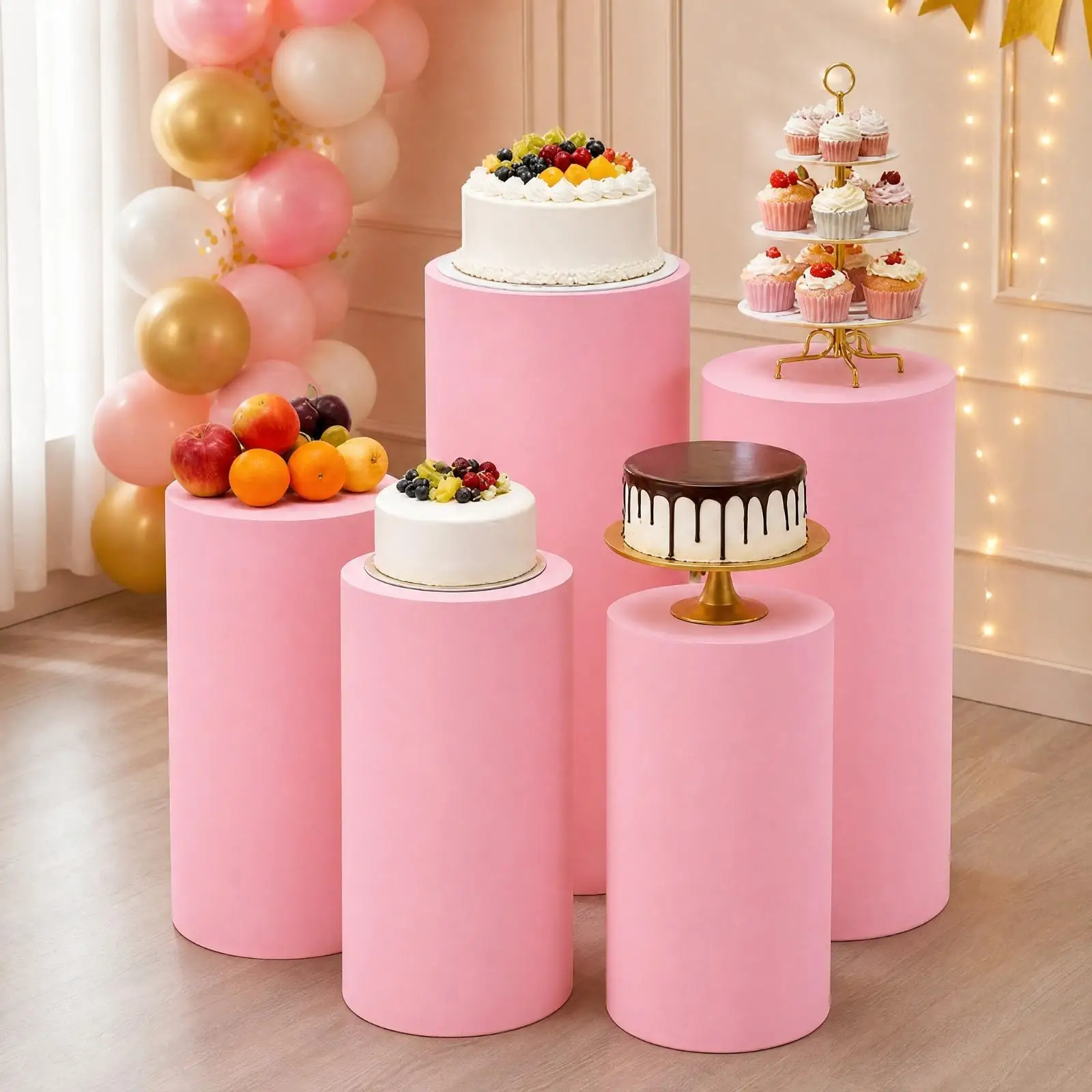 Stretchable Cylindrical Tablecloth for Cake Table Fits 33x60cm Pedestal Cover Reusable Polyester for Wedding Reception