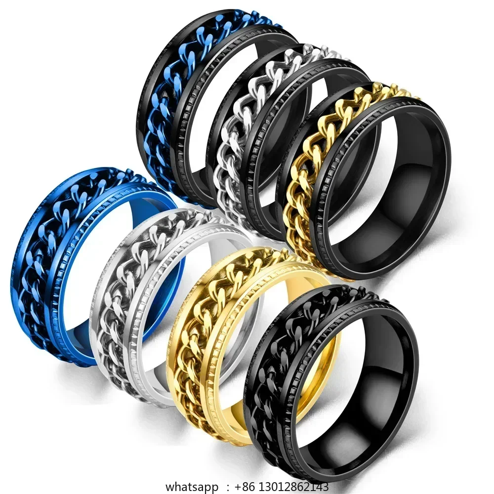 

8MM Stainless Steel Rotatable Chain Rings For Men Punk Spinner Chain Rotable Ring Women Party Titanium steel Jewelry Gift