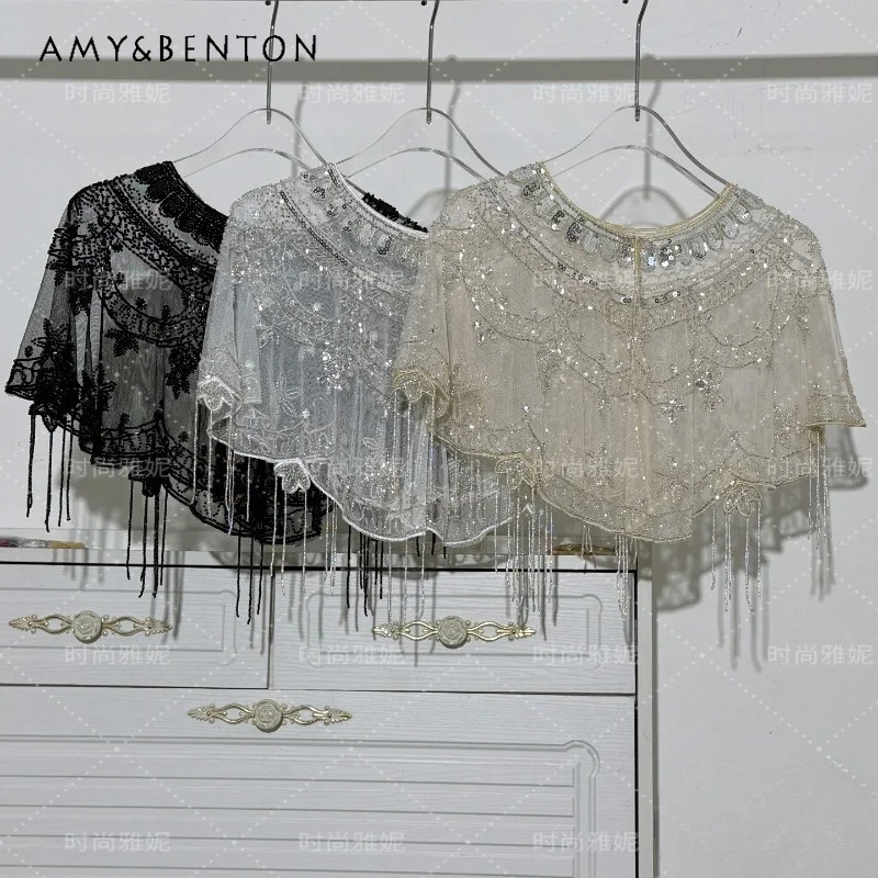 

2026 Summer American Style Elegant Sequined Beaded Lace Mesh Shawl Women's Sweet Round Neck Top Blouse Cape Match With Dress
