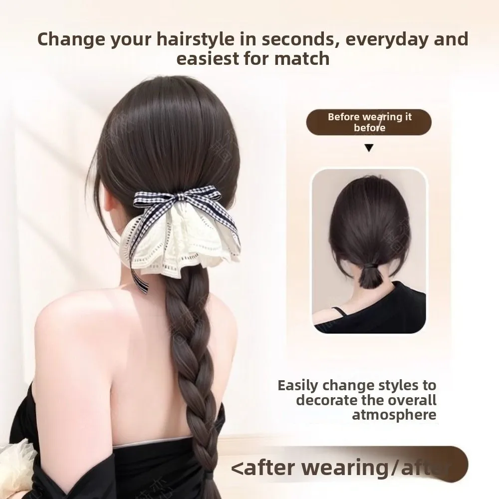 جديد الاصطناعية مشبك شعر كليب ذيل حصان شريطة من الدانتيل شعر مستعار منفوش مشبك شعر Bowknot أسود شعر مستعار مضفر إكسسوارات الشعر